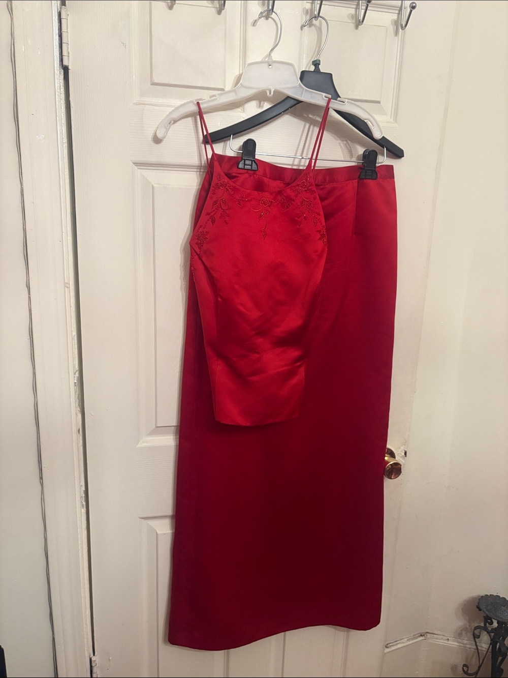 Classic Red Satin Maxi Skirt with Strappy Camisoleβ comes with shawl